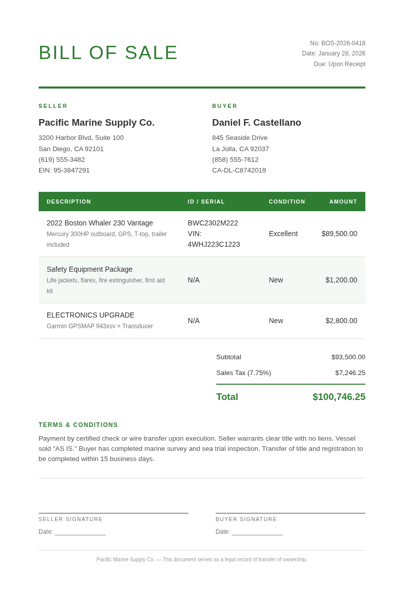 Clean Invoice Bill Of Sale